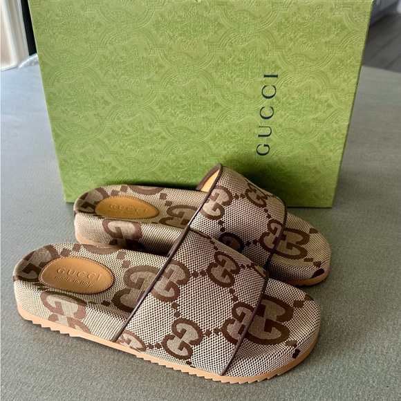 Gucci Men’s Tan and Brown Logo Slide Sandals sz. US8/UK7 - Picture 1 of 5